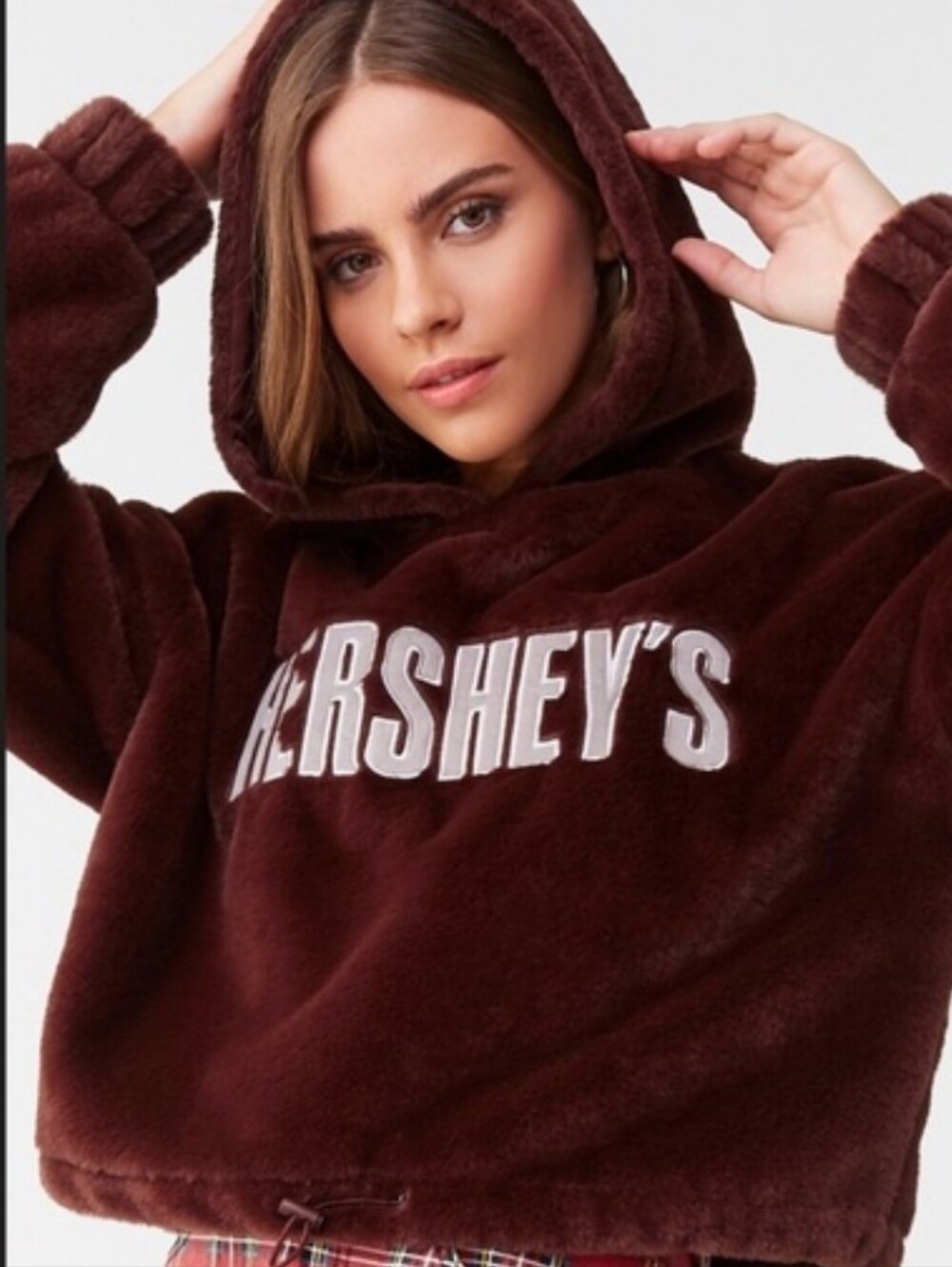 Forever 21 Hershey's Brown Faux Fur Drawstring Hem Cropped Hoodie Size Small
